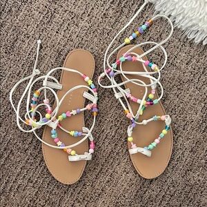 Colorful Beaded Sandals with White Straps